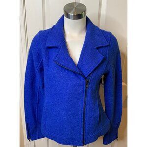 Tahari Blue Boiled Wool Asymmetrical Zip Moto Jacket, Size Small